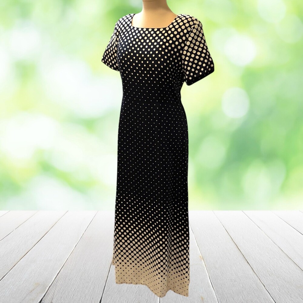 Vintage Y2K Maxi Dress Optical Polka Dot Tie Back Square Neck Black Cream Sz M